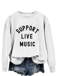Detail of white crewneck sweatshirt featuring black Support Live Music printed lettering