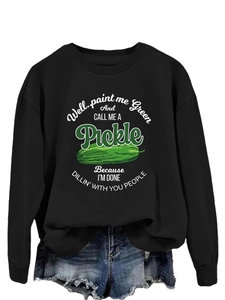 Detail of cotton crewneck sweatshirt with humorous green pickle and text design