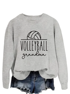 Detail of Volleyball Grandma print on soft grey long sleeve crewneck sweatshirt