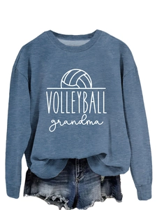 Detail of Volleyball Grandma lettering and graphic print on navy crewneck sweatshirt