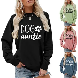 Sweatshirt Femme Dog Auntie Imprimé Lettres Mélange Coton Manches Longues Col Rond Pullover Haut Décontracté