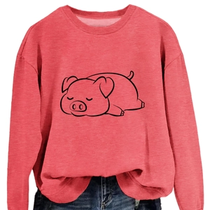 Coral pink crewneck sweatshirt with minimalist sleeping pig print for women casual style
