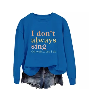 Royal blue sweatshirt with 'I don't always sing' print and denim shorts on white background