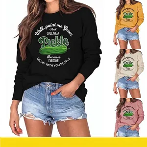 Women Funny Pickle Graphic Sweatshirt Casual Round Neck Long Sleeve Pullover Well Paint Me Green And Call Me A Pickle Letter Print Top