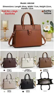 Detailed views of vintage litchi pattern PU leather tote bag with size specifications