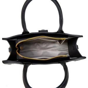 Top view of large black tote bag interior showing grey lining with zipper pocket and compartments