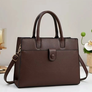 Deep coffee lychee grain leather tote bag with gold hardware for business women