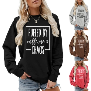 Detailed grid of loose crewneck sweatshirts with FUELED BY caffeine & CHAOS lettering