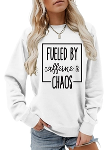 Detail of white cotton sweatshirt featuring black FUELED BY caffeine and CHAOS print