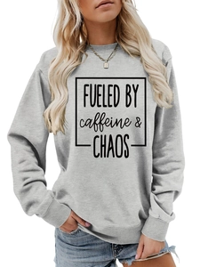 Front detail of light grey crewneck sweatshirt featuring black graphic quote print