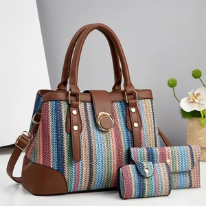 Ensemble de trois sacs à main pour femmes avec motifs tissés colorés et détails en cuir