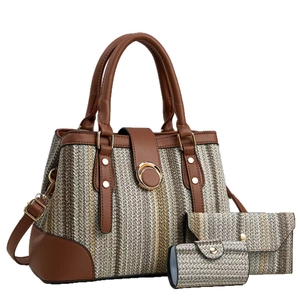 Ensemble de sacs 3 pièces pour femmes en tweed avec finitions en cuir marron et dore