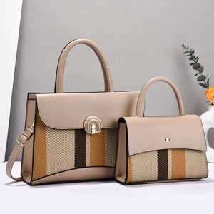 Dreiteiliges Handtaschen-Set mit Color-Blocking und Webstruktur in Khaki und Erdtönen