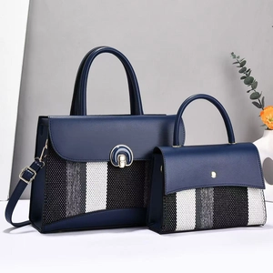 Dunkelblaues 3-teiliges Taschen-Set mit gestreiften Mustern und goldener Kette