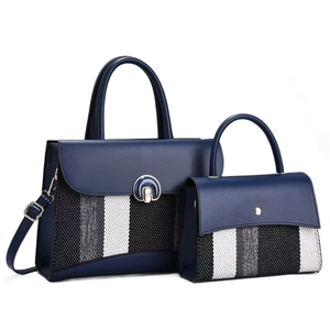 Marineblaues Handtaschen-Set aus PU-Leder mit gestreiftem Textilmuster und Metallverschluss