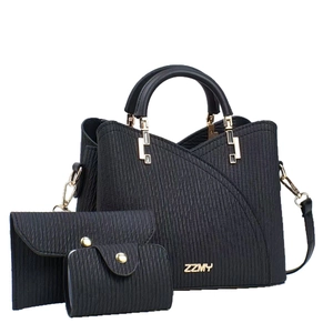 Three-piece black leather handbag set with wave texture and gold hardware details