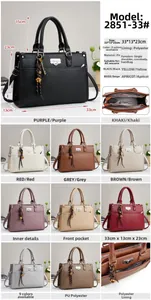 Detailed grid showing 33x13x23cm bag dimensions, lychee grain PU leather, and color options