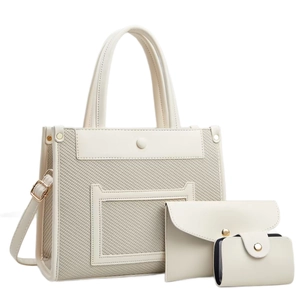 Three-piece beige faux leather tote bag set with matching envelope pouch and card holder