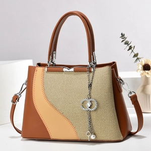 Damen Fashion Patchwork Handtasche Große Kapazität Kontrastfarbe PU Leder Schultertasche Strass Künstliche Perlen Anhänger Eimertasche