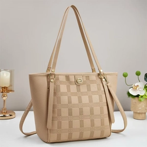 Elegant beige tote bag with checkered embossed leather and adjustable straps