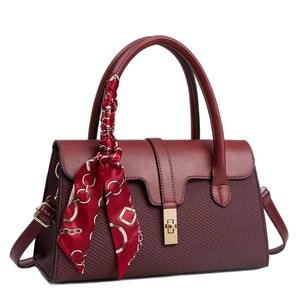 Fashionable wine red pillow handbag with scarf handle and golden metal turn-lock