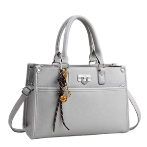 Large grey pebble leather tote handbag with top handles and adjustable shoulder strap