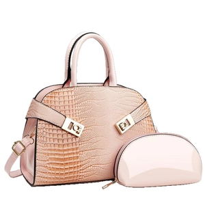 Pink crocodile pattern tote bag with matching glossy pouch and metallic hardware