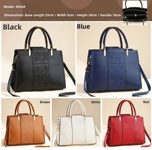 Detailed view of elegant handbags showing rose embroidery and five color options with size specs