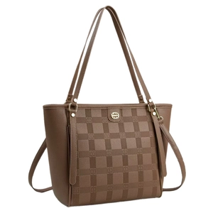 Brown checkered embossed tote bag with gold logo and long handles for daily commuting