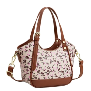 Floral printed tote bag with cherry patterns and adjustable brown leather shoulder straps