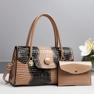 Vintage crocodile pattern beige and black two-piece handbag set with golden shell charm
