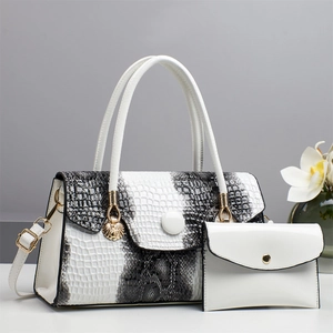 Elegant retro faux crocodile texture handbag and clutch set with gold shell charm