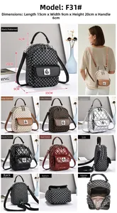 Detail view of mini checkered backpacks in various colors with adjustable straps