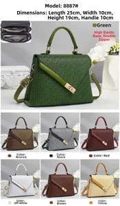 Detail view of woven texture PU leather handbag with metal twist lock and color options