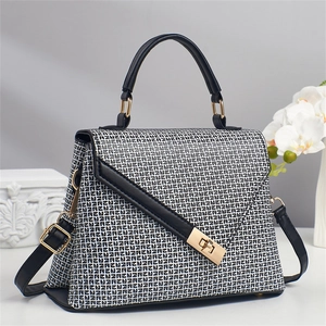 Chic black and white color-block handbag with geometric pattern and gold clasp hardware