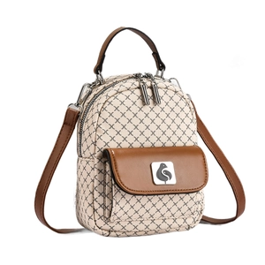 Mini brown PU leather and canvas crossbody backpack with grid pattern and bird logo