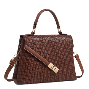 Brown embossed leather shoulder bag with gold twist lock and adjustable strap
