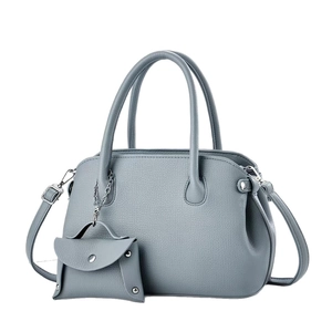 Minimalist fog gray litchi grain leather tote bag set with detachable strap and coin purse