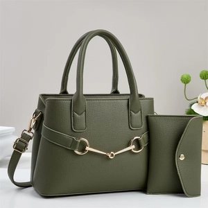 Ensemble sac à main vert foncé en cuir grainé avec mors doré et portefeuille assorti