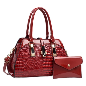 Glossy red crocodile pattern handbag and envelope wallet two-piece set for women