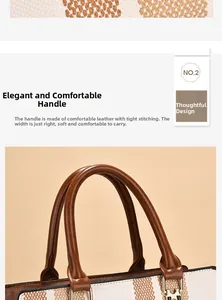 Detail of soft brown leather handle with golden hardware on a striped tote bag