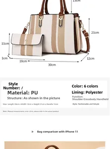 Detail view of striped tote set with size dimensions 30x12x21cm and matching pouch