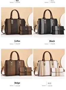 Detail view of large tote and matching clutch set in four retro striped colorways