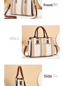Detailed views showing front, back, and side of the canvas tote bag with leather trim