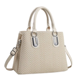 Women's cream white tote bag with herringbone weave, twin handles and silver strap