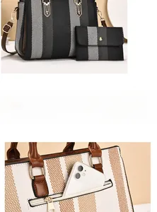 Detail of striped canvas tote and wallet set showing smartphone pocket storage