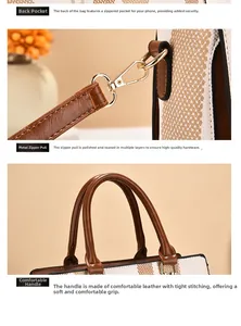 Detail of multi-layer plated hardware hook and ergonomic faux leather handle on handbag