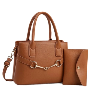 Ensemble sac à main marron en similicuir avec mors doré et portefeuille assorti