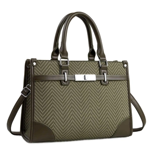 Olive green herringbone tote bag with leather trim and silver twist lock closure