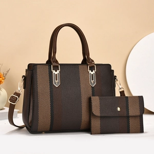Retro Striped Contrast Color Tote Bag For Women PU Leather Sub-Mother Handbag Set Large Capacity Shoulder Commuter Bag